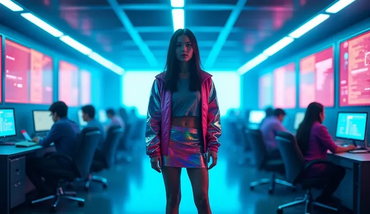 Vibrant neon-lit blue cyberpunk-inspired office interior. A young woman in a colorful skirt and jacket stands in the center, surrounded by a team of colleagues working at desks in the background. Bright pulsing lights and displays on the walls create a hig...