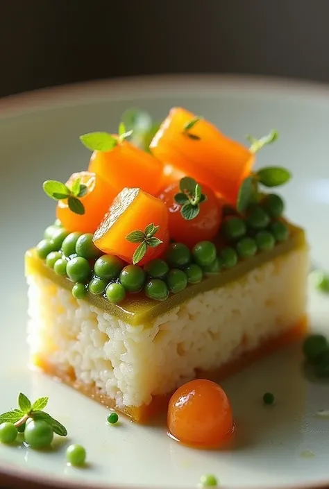  Rice sponge 
Spherification of the stuffing (covered rice)

Pea and carrot gel
Raisin jelly 
Land of Olives
Rice sponge 
Spherification of the filler 
Above this, it would first be a layer of olive soil.,  on top of the soil that goes the stewed tongue ,O...