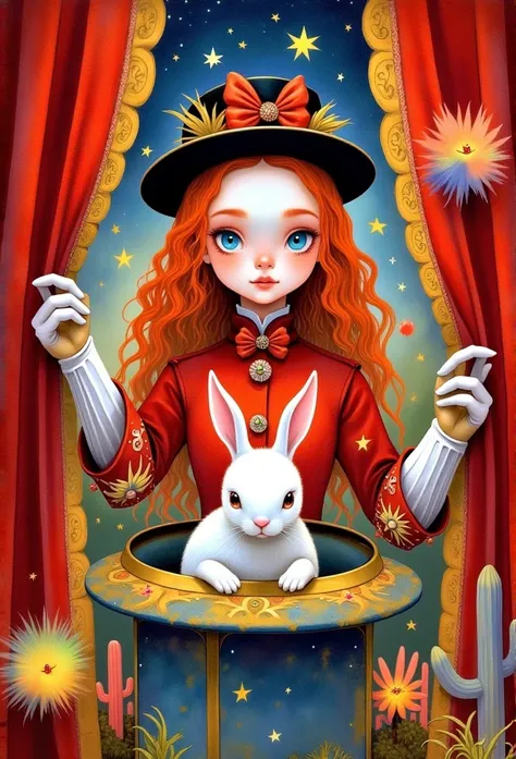     young female circus performer ,  peeks out in a circus red jacket and a circus hat on his head and long white gloves on her arms and a red bow butterfly around her neck,    around her circus curtains and circus lights ,  in her hands she is holding a c...