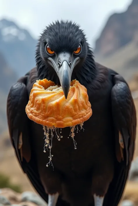 an Andean condor that is eating its panettone while looking at the camera