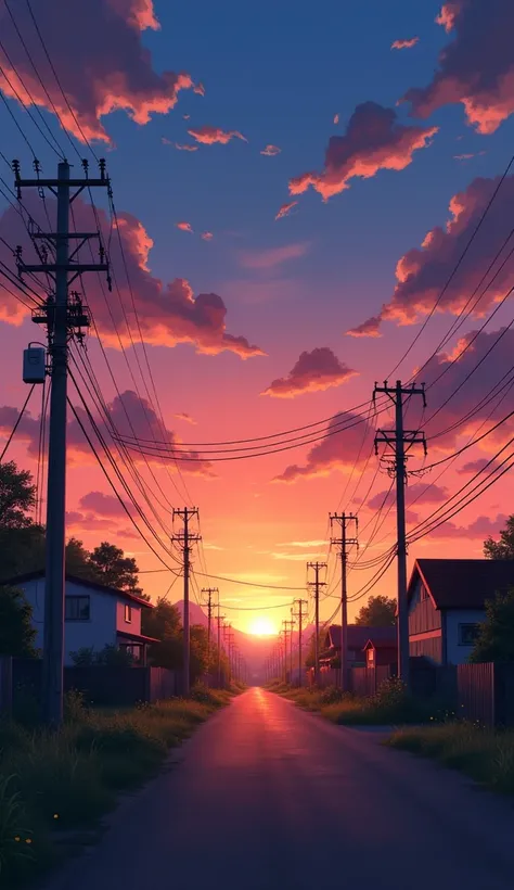 sunset over a rural town with power lines and telephone poles, beautiful anime scene, anime sky, beautiful anime scenery, anime countryside landscape, Anime rural town landscape , anime landscape, beautiful anime scene of peace,  watching the sunset . anim...