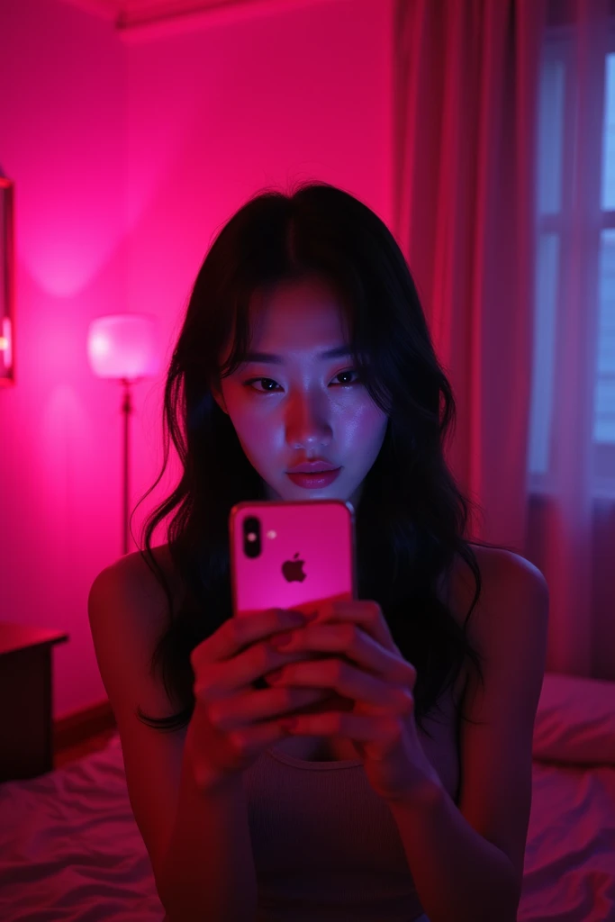  Asian girl taking selfie in dark but overly pink room