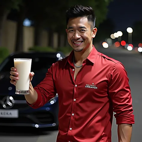  a handsome man , athletic ,  authoritative Indonesian in a long sleeve red shirt is holding a large glass of hot milk drink , sambil duduk di samping pintu mobil sport mercedes baru 🆕 berwarna merah glossy dengan stiker mobil Dragon Ball, opens the nobil ...