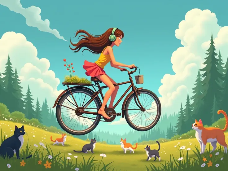  a picture of an 18-year-old girl with brown hair riding a flying bicycle while listening to music in a forest field on a remote plane, In the field there are 4 cats and the girl is in profile 