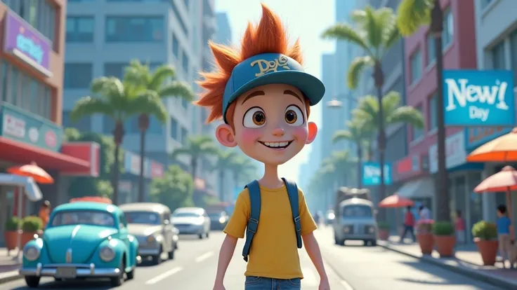 A high-resolution 4K Disney-Pixar-style 3D image of a 19-year-old student wearing a yellow t-shirt, with a blue shoulder strap, and a blue cap, with an optimistic and proud expression on his face. He has white skin, a spiky mohawk, and is walking down a bu...