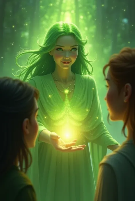   The Green Spirit extends a hand to Lia and Toni ,  its expression is kind and encouraging . The hand shines brightly ,  and the background has a green glow that illuminates the rens faces (a)