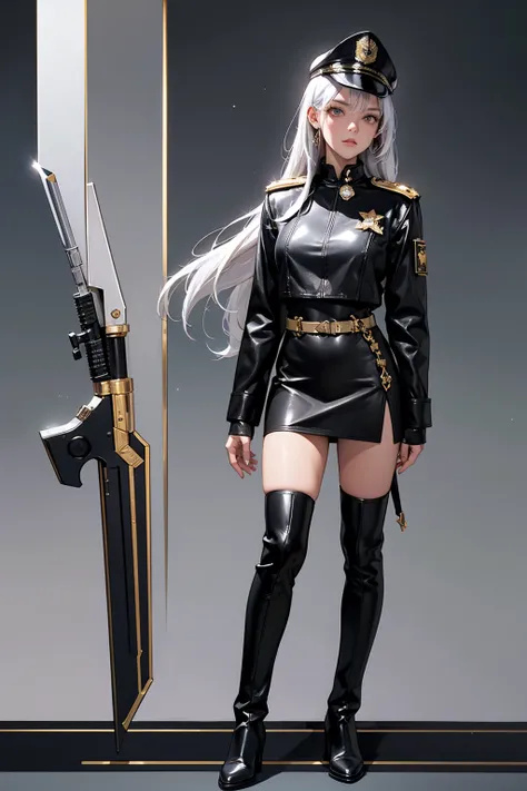  Galactic Empire Guards Space Force Female Officer,  Silver Hair, military cap,  full body black leather and gold mall military uniform, Miniskirt,  Knee High Boots , Lower the gold dagger ,  full body shot,  Cowboy Shot 