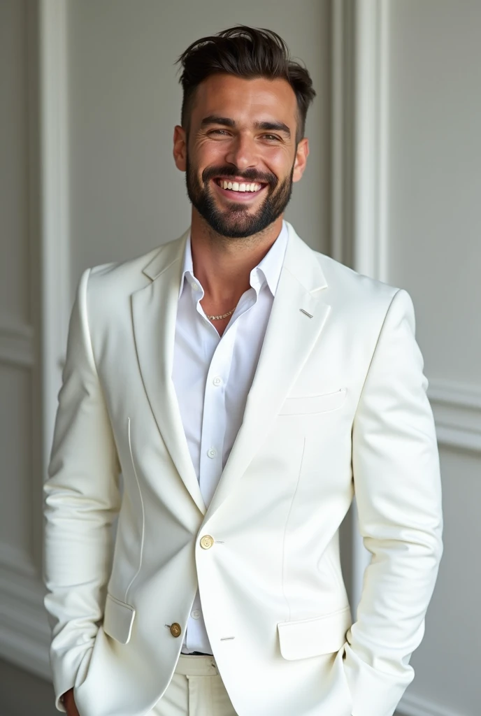 Attractive young man with beard and white suit smiling