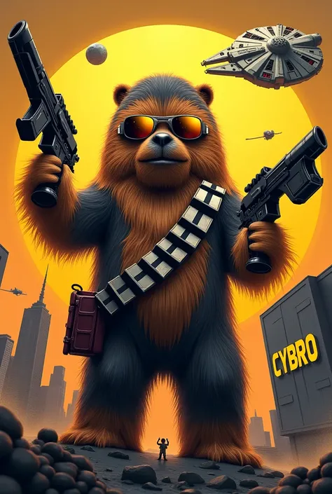 I want to make Chewbacca stocky with a beaver head and golden Oakley lenses ,  their weapons and behind you should see the Millennial Falcon with all its details .  In the sky a sunset and a modern city in a building it reads in yellow CYBRO. You can see i...