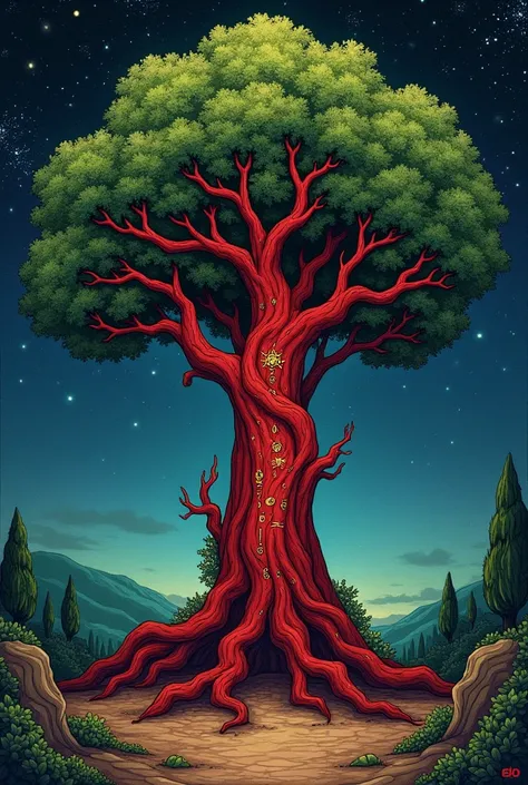 Tarot card with a beautiful red quebracho tree full of leaves and with esoteric and sacred signs.
With a beautiful starry sky  