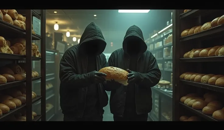 They sneak into a bakery together, stealing a loaf of bread.