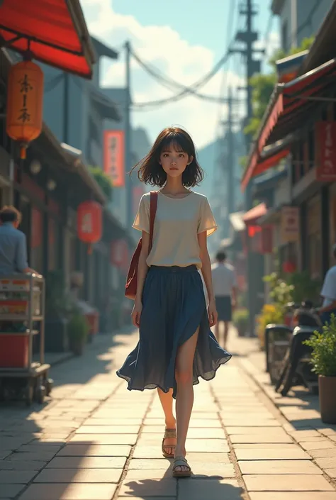 cinematic like a less anime A girl walking on a sidewalk of busy province