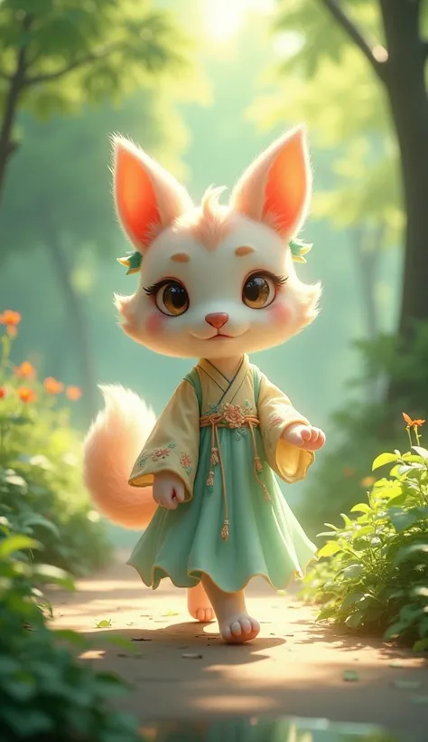 Daji in the form of a cute animal 。Wearing a cute dress。taking a walk in the park。 high definition , Reflects natural light、 brings out the atmosphere and details like a painting。