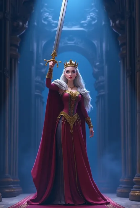 The animated queen carrying a brave sword of stern face against a blue royal backdrop is speaking 