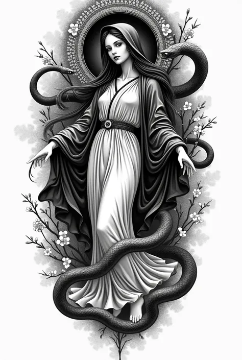 I want a sketch for a black and white tattoo of the Virgin of Mercedes that is Gothic with traditional Japanese and has a snake