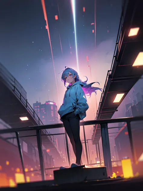 Set on an urban rooftop, a girl leans casually on the railing to the left. She wears a cropped hoodie, her hands in her pockets, and one leg crossed over the other. Her expression exudes a touch of confidence but reveals lingering doubt in her eyes. On the...