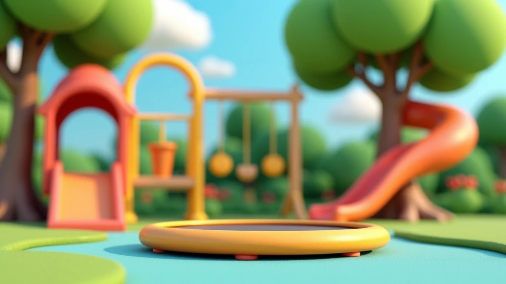 on the empty playground park. there is big trampoline . there are slide and swing on the background,bubble shape green tree, animation still, animation style render, cartoon still, d cartoon, 3d animation, , bright blue sky