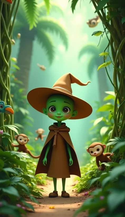 Bald green witch girl walking in jungle 3d animated cartoon