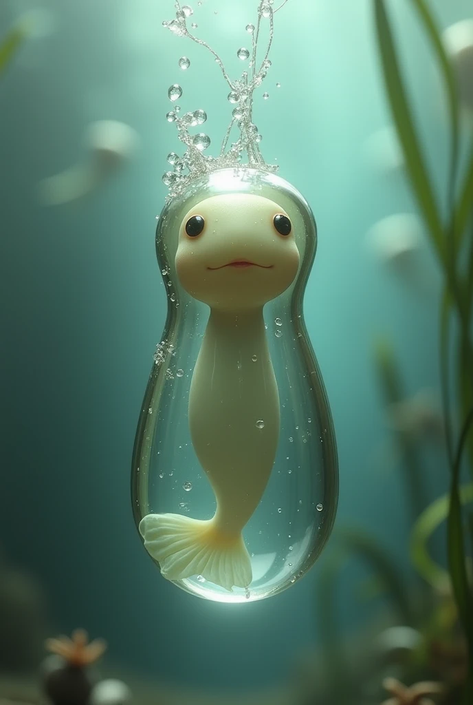 Tadpole encased in water shaped like a doll holding a seaweed over its head