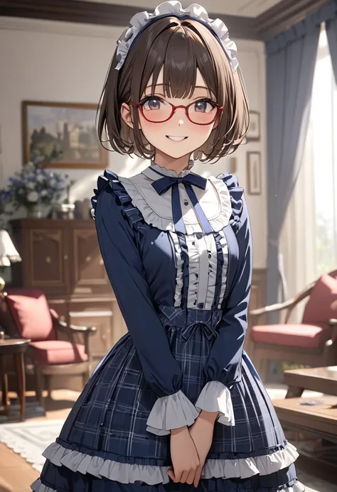 赤いfirst round、first round、 very cute and beautiful girl,( Very detailedで美しい顔),(smile:1.2), happy , embarrassed ,Brown Hair,  short bob hair,  watching viewers , ( graceful dark blue check lolita dress with detailed ruffles),Fine lace, (arms behind back), l...