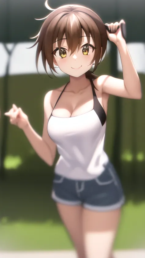 masterpiece, best quality, highres, looking at viewer, girl, solo, issei_hyoudou, brown hair, brown eyes, hair between eyes, sports dress, sleeveless, cleavage, denim shorts, medium breasts, standing, , outdoors, smile