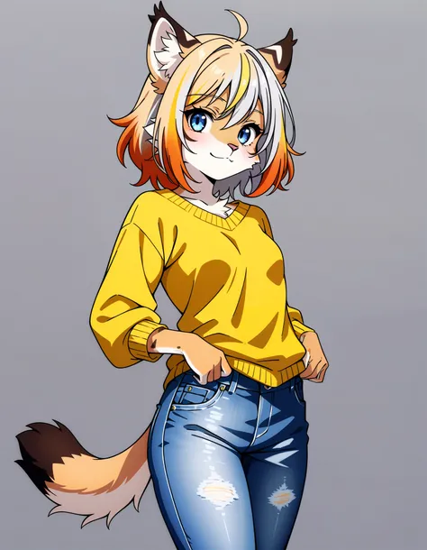 score_9,score_8_up,score_7_up,source_anime, 1girl, solo, digital_media_(artwork) hi_res,, beautiful, anthro, furry, female, furry female, detailed textured fur, fur tufts, lynx, slim, slender, small breasts, cute, sweater, denim jeans, multicolor hair, str...