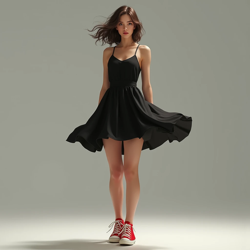 A white 22yo girl, realistic epic, legs together, Short black sun dress and red sneakers, standing legs apart