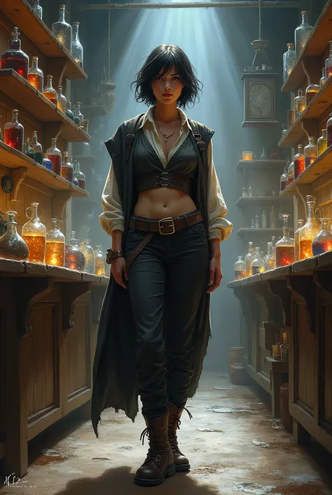 In RPG style, in style of Dungeons & Dragons, in style of fantasy painting. Full body view, Looking at the viewer. Image of a Female Alchemist in potions shop. short  hair, dark pants, leather boots, Standing with both feet on the floor. potions on shelves...