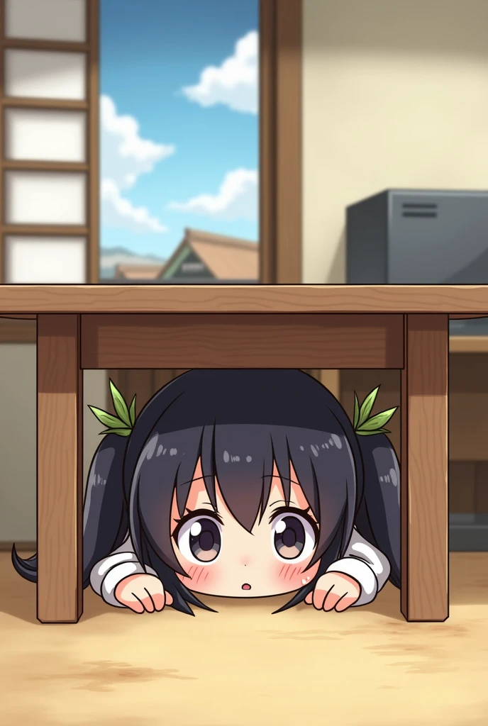 일본 만화같은 그림으로,  A person hides under a table in a Japanese cartoon-like picture. 