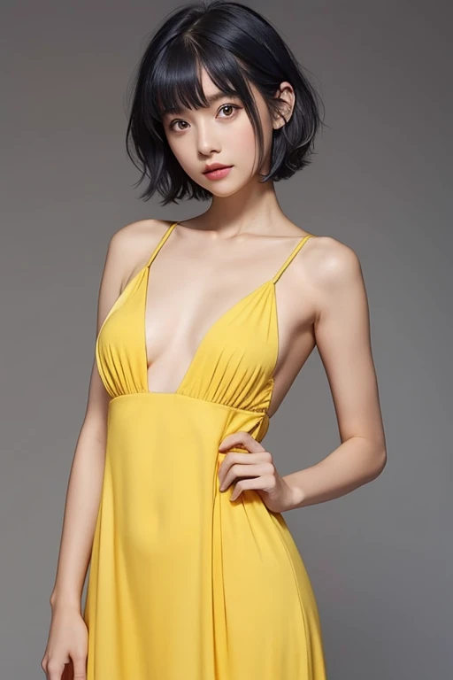 A very small girl with short blue hair,  medium breasts , ribs and collarbones marked , a, wearing a sexy yellow dress , way 