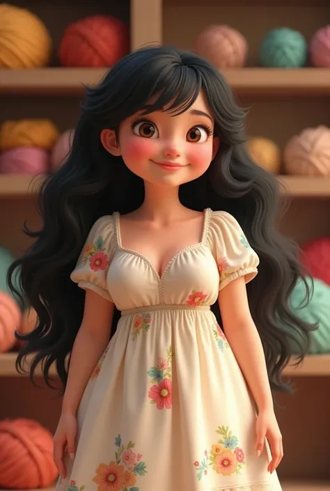  Pixar style, mujer chubby, tender,  white skin, chubby, He has long and frizzy black hair, Shes wearing a white dress with flowers, Shes standing in a wool store smiling  