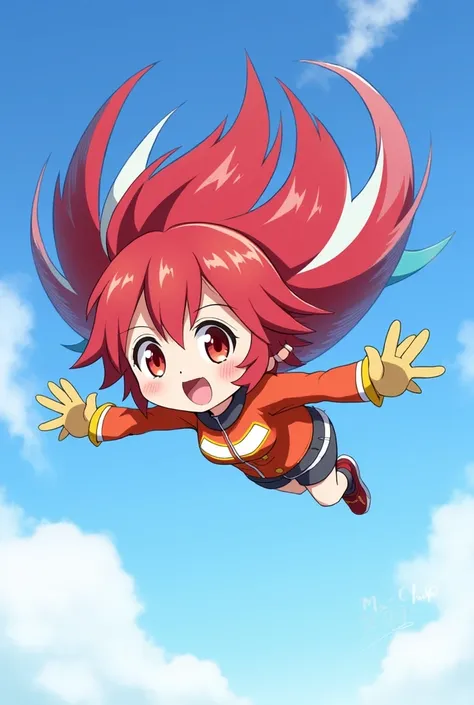 a cartoon character with red hair and red eyes flying through air in mid air, 1girl, solo, red hair, gloves, open mouth, multicolored hair