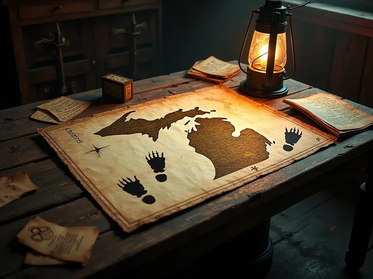 "An old, weathered map of Michigan laid out on a wooden table, strange clawed footprints scattered across its surface, lit by a dim lantern and surrounded by mysterious notes and tools."
