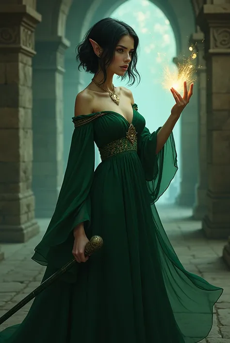 An extremely beautiful eighteen-year-old wizard elf with very short black hair wearing a dark green dress from medieval times using a dark green cane casting spells sexualizing 