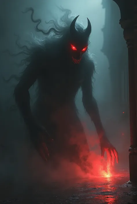 The smoke-shaped black shadow with red eyes is thrown at a light by turning it off.