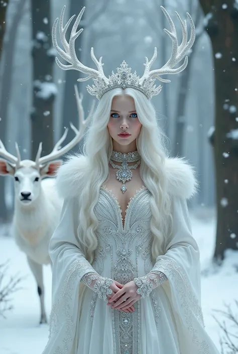  breathtaking gothic queen , big blue eyes beautiful , long white wavy hair, with a white branch-style crown with luxurious .       many crystals on the branches , a long white dress with lots of crystals,  Lots of jewels.            Luxurious a white deer...