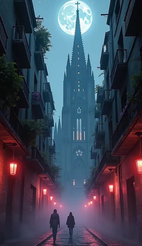 Science fiction and suspense 
Environment : barcelona. 
 The image shows a mix of Gothic and futuristic architecture in the Gothic Quarter ,  with narrow streets shrouded in fog and neon lights .  . in the background,  a ruined cathedral illuminated by the...