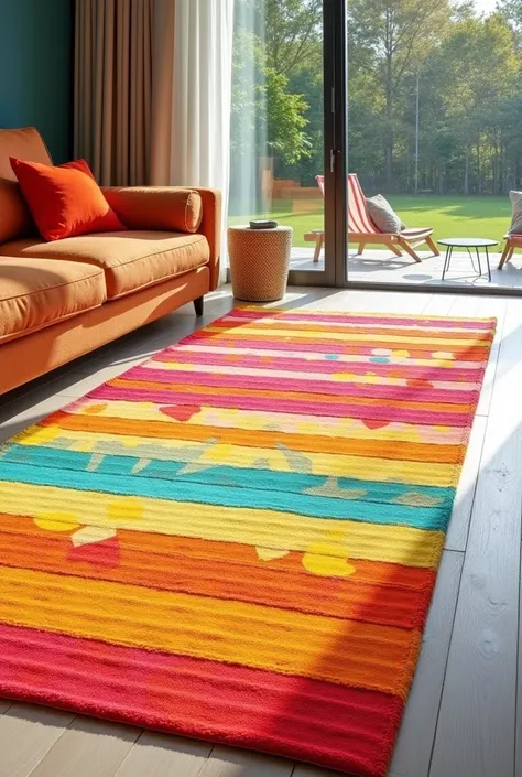  A jelly roll rug with the trendy colors for 2025. It has to be rectangular .  With the straps side by side but with plain colors and printed according to summer