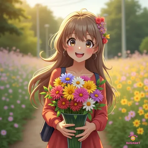 colorful image, Chica anime, holding a vase like in multicolored flowers, smile 