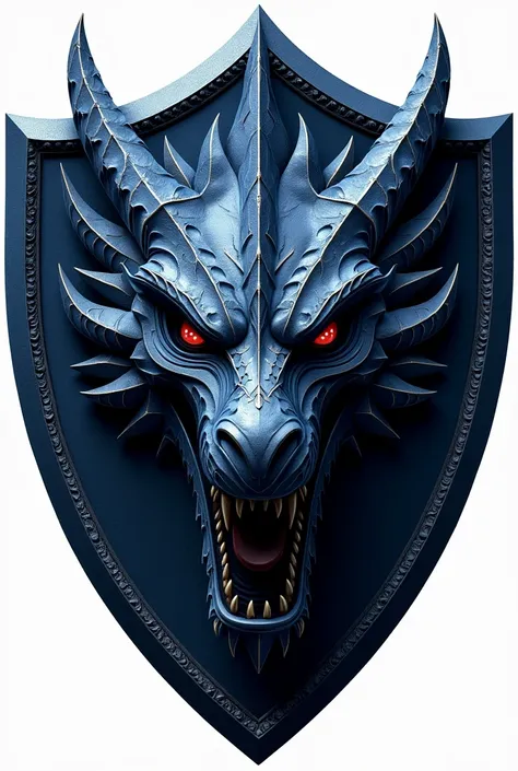 make a shield in the black dark blue white theme as tertiary and in the middle of the shield an intimidating dragon make logo