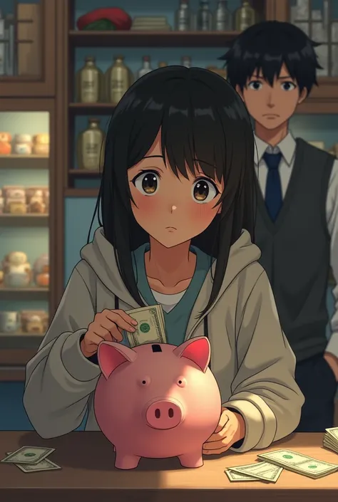 Create an image in the style of Makoto Shinkai A person putting money into a piggy bank while a shopkeeper looks worried due to lack of customers.