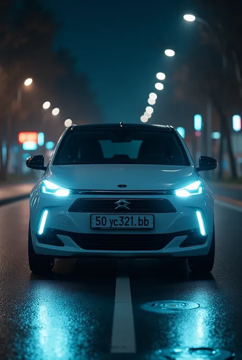 Daevo matiz with numbers 50Y321BB stands on the Tashkent road at night with white headlights and an ice-colored interior