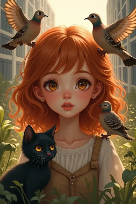  Copper-haired girl brown eyes, surrounded by urban doves ,  turtledoves and a black kitten 