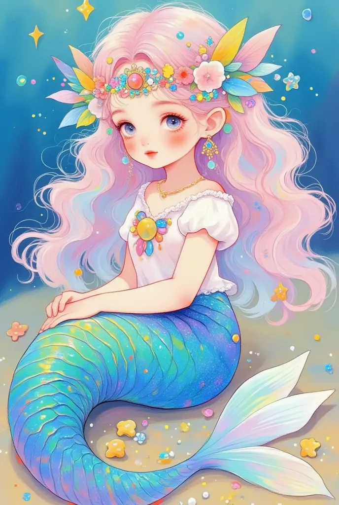 a beautiful little mermaid, sitting at the bottom of the ocean with colorful pearls around her tail and wearing a crown made of ...