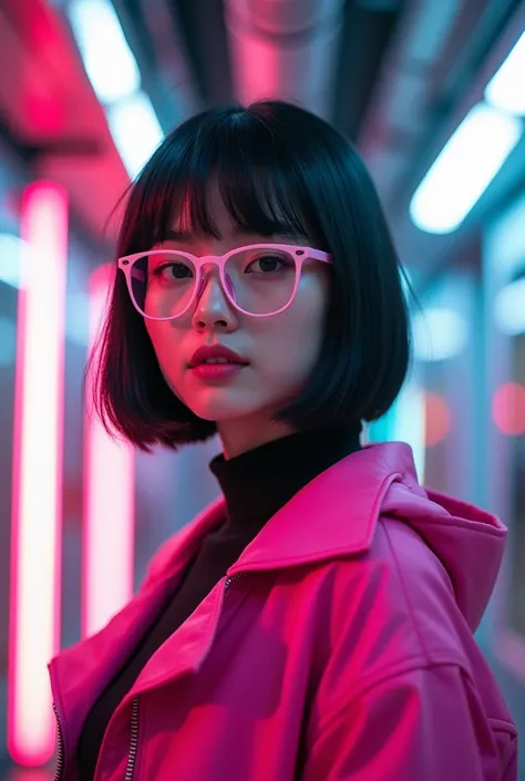 In a world of advanced technology and dazzling lights, a young Asian woman stands out with her short black hair and bangs, adorned with pink-framed glasses and a bright pink jacket. She exudes a sense of individuality and style against the futuristic, neon...