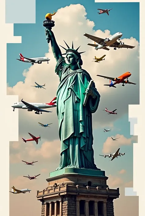 Make a collage with this order of photos plane, birds, liberty, plane wings, plane tail, and liberty, and each photo in a square