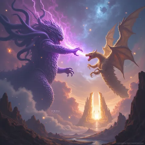 have in capitol letters say ( HYLORD ) // floating crystal temples in a nebula of color, gold portals, have a Cthulhu god holding glowing purple electricity in battle with King Ghidorah 