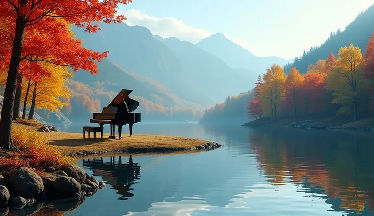 A natural landscape with beautiful autumn foliage. The colorful trees along the lakes edge are covered with red, yellow, orange, and green leaves, spreading vivid autumn colors. A large black grand piano is placed on a sandbar in the middle of the lake. Th...