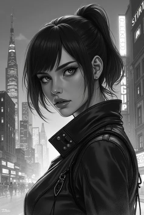  in the background a Cyberpunk-style night and city landscape with lots of details ,  just like the Netflix anime called Cyberpunk Edgerunners,  convey the futuristic ,  and next to the bike this Lucy . Let Lucy . That its done with black pencil 