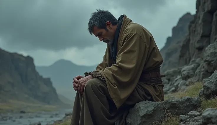 Job, 40 years old,short hair ,  black with white hair , Job, sitting on a stone with his head bowed and hands resting on his lap, his face showing a mix of sorrow and contemplation. His ancient robes are worn and dusty. The background features a rocky, bar...